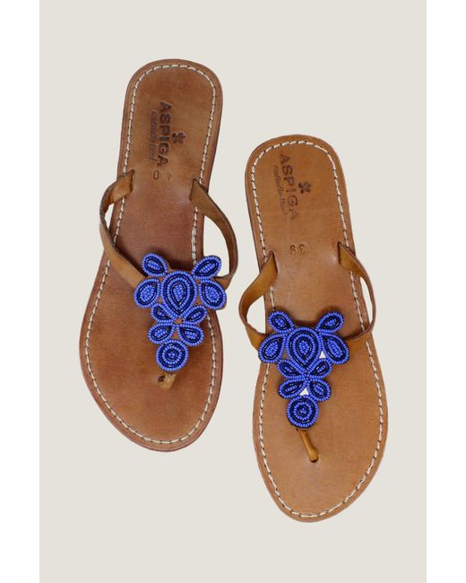 Aspiga Blue Ladies Sustainable Mia Kenyan Beaded Sandals Leather And Glass Beads Floral Cobalt
