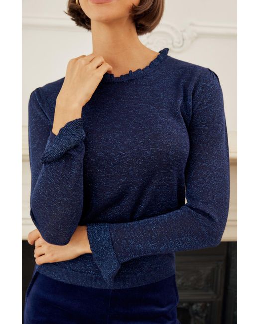 Aspiga Blue Ladies Sustainable Metallic Knit Frill Neck Jumper