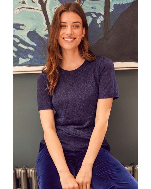 Aspiga Blue Ladies Sustainable Metallic Knit Short Sleeve T-Shirt Viscose