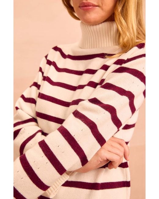 Aspiga Pink Ladies Sustainable Cashmere Blend Striped Roll Neck Jumper
