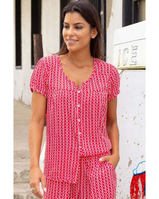 Aspiga Pink Ladies Sustainable Lisbon Viscose Blouse Short Sleeve Summer Santorini Border