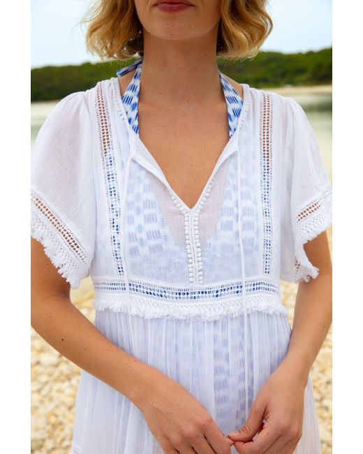 Aspiga White Sustainable Ladies Summer Malaya Kaftan Dress With V Neck And Pom-Pom Trim