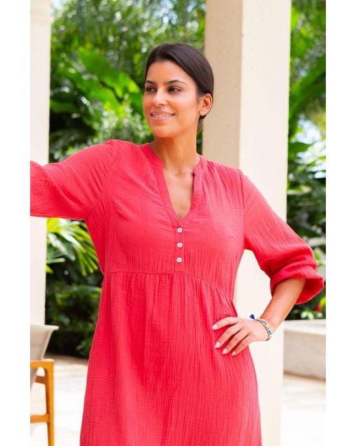 Aspiga Ladies Sustainable Serena Cheesecloth Cotton Dress Summer Holiday Button Detailingred