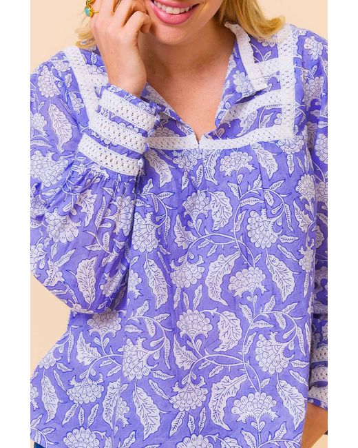 Aspiga Purple Ladies Sustainable Margot Blouse Organic Cotton Floral Block Print Lace Detailing Cream