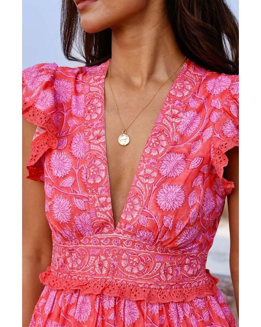 Aspiga Pink Sustainable Pippa Organic Cotton Block Print Summer Wedding Guest Evening Dress Floral Printed