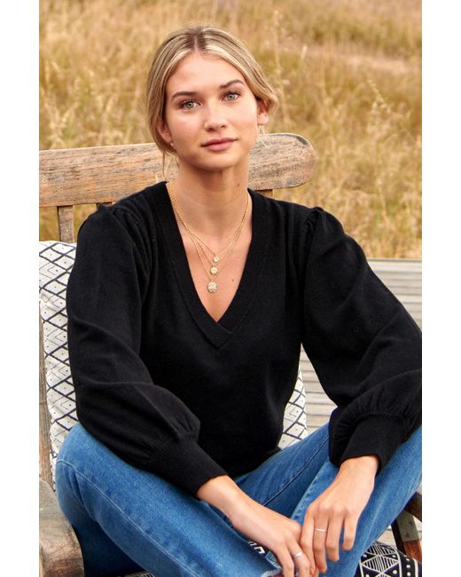 Aspiga Black Ladies Sustainable Merino Cashmere Blend V-Neck Jumper Balloon Sleeve