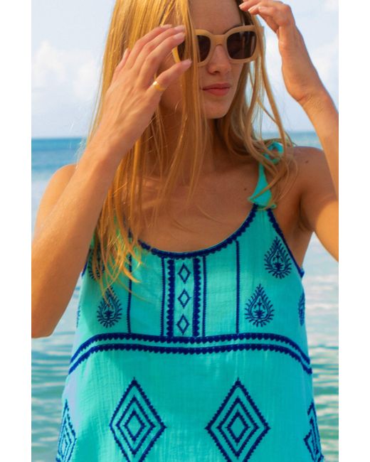 Aspiga Blue Ladies Sustainable Imogen Embroidered Patterned Dress Tie Strap Summer Beach Cover Up