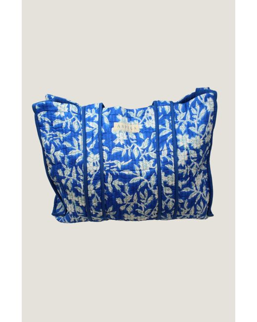 Aspiga Blue Ladies Sustainable Cotton Quilted Block Print Tote Bag Floral Summer Beach Botanical Flower
