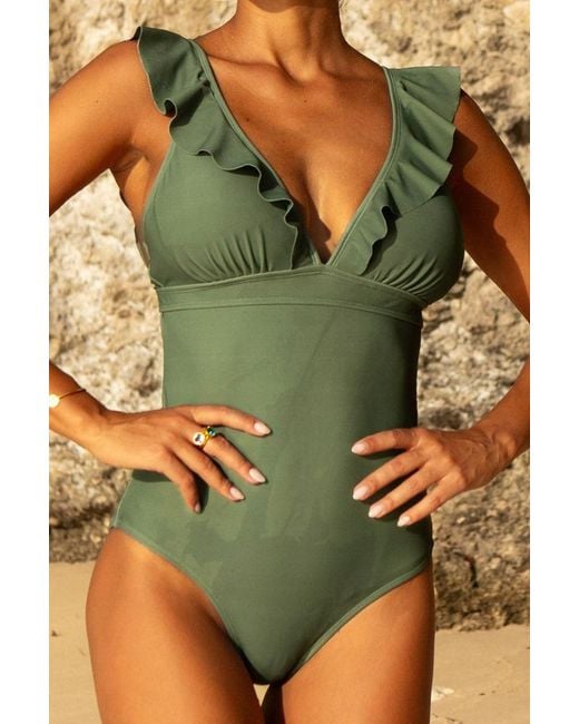 Aspiga Green Ladies Sustainable Recycled Frill V-Neck Swimsuit Adjustable Clasp Back