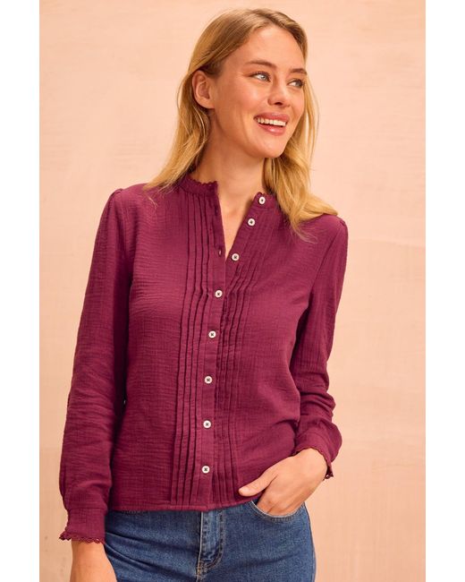 Aspiga Purple Ladies Sustainable Holly Pin Tuck Organic Cotton Cheesecloth Long Sleeve Blouse