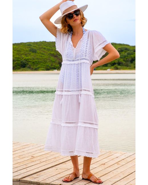 Aspiga White Sustainable Ladies Summer Malaya Kaftan Dress With V Neck And Pom-Pom Trim