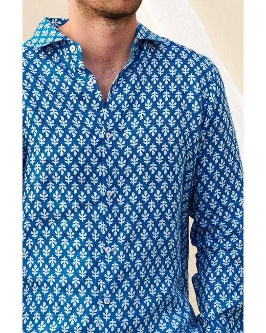 Aspiga Blue Sustainable Premium Linen Printed Shirt Trident Pattern Summer Holiday Marina/ S-Xl for men