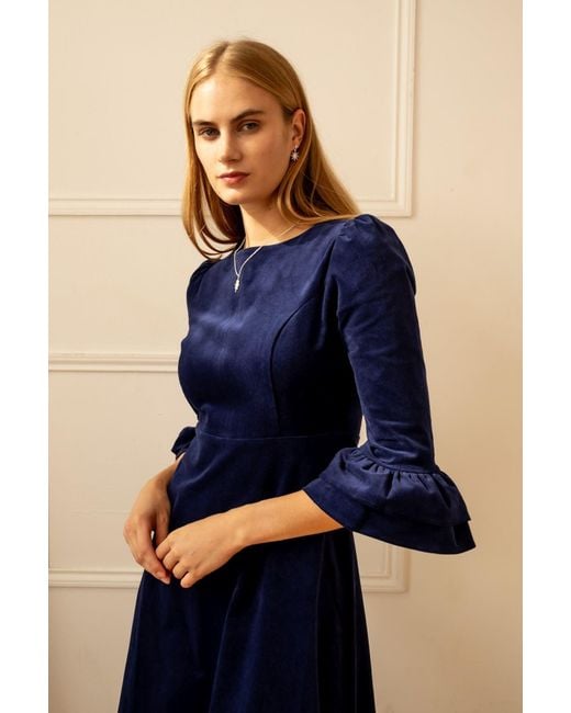 Aspiga Blue Ladies Sustainable Victoria Round Neck 3/4 Sleeve Stretch Corduroy Cotton Winter Wedding Guest Evening Dress Atlantic