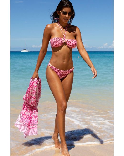 Aspiga Pink Ladies Sustainable Recycled Bandeau Halter Neck Bikini Diamond Geo Pattern Tie Back