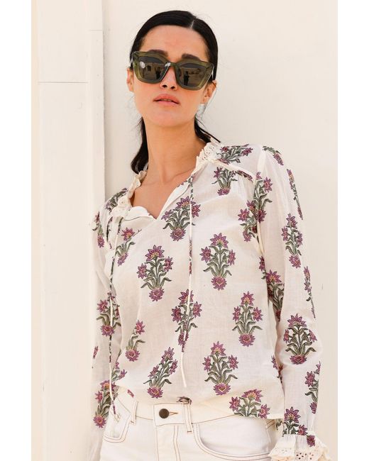 Aspiga Pink Ladies Sustainable Rosie Cotton Blouse Floral Block Print Broderie Lace Trim Cream