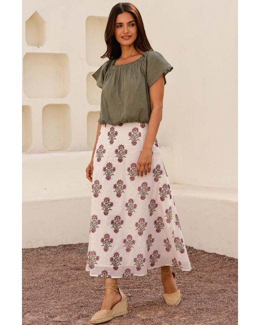 Aspiga Natural Ladies Sustainable Neve Organic Cotton Block Print Summer Wedding Guest Evening Skirt Floral Printed Cream