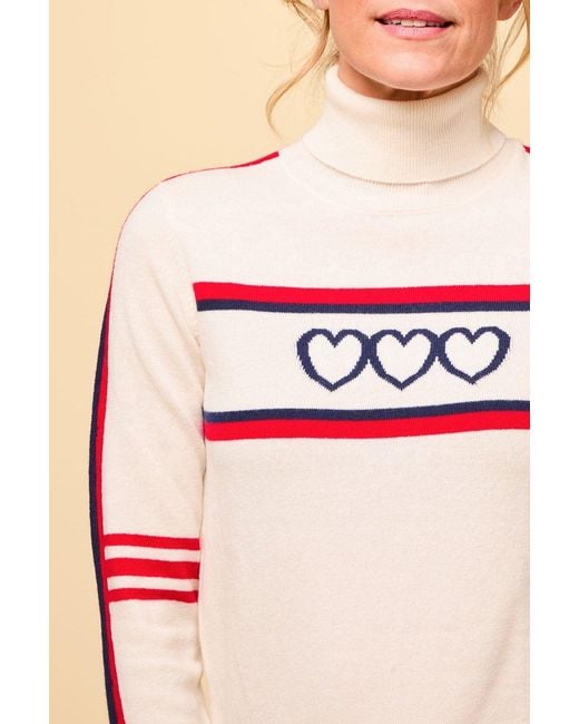 Aspiga Pink Ladies Sustainable Hearts Polo Neck Jumper Merino Wool Cream