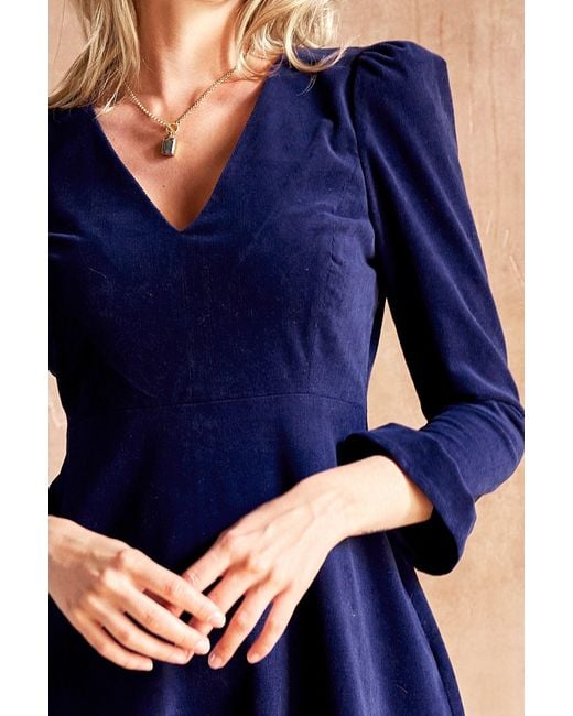 Aspiga Blue Ladies Sustainable Victoria V-Neck Long Sleeve Stretch Cotton Winter Wedding Guest Evening Corduroy Dress Atlantic