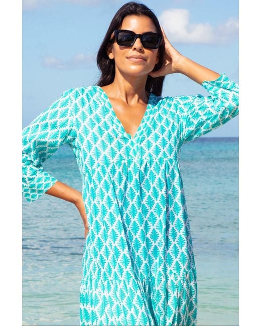 Aspiga Blue Ladies Sustainable Mykonos Maxi Dress Organic Cotton Summer Holiday Beach Cover Up