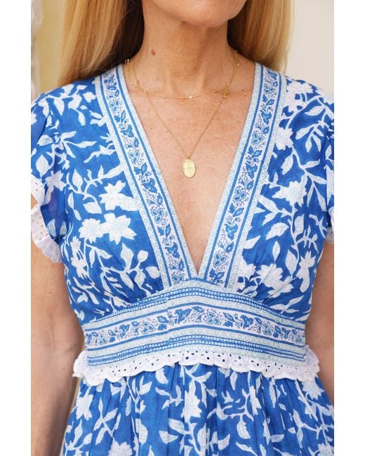 Aspiga Blue Ladies Sustainable Pippa Organic Cotton Block Print Summer Wedding Guest Dress Evening Floral Printed