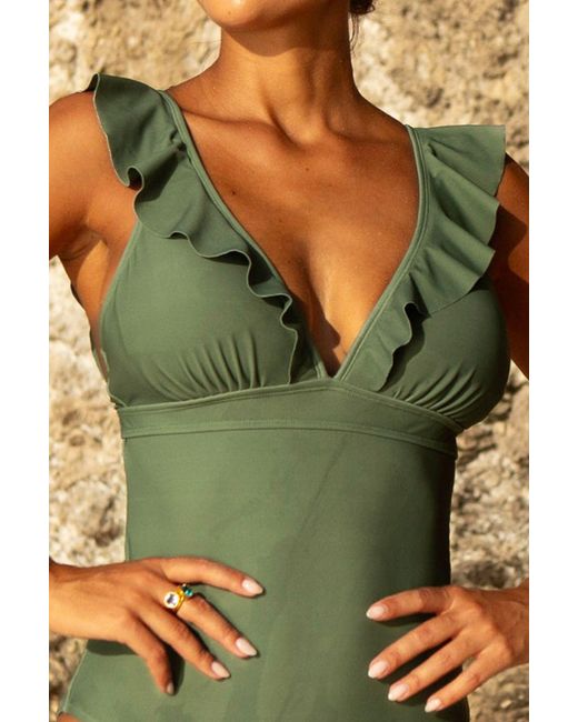 Aspiga Green Ladies Sustainable Recycled Frill V-Neck Swimsuit Adjustable Clasp Back