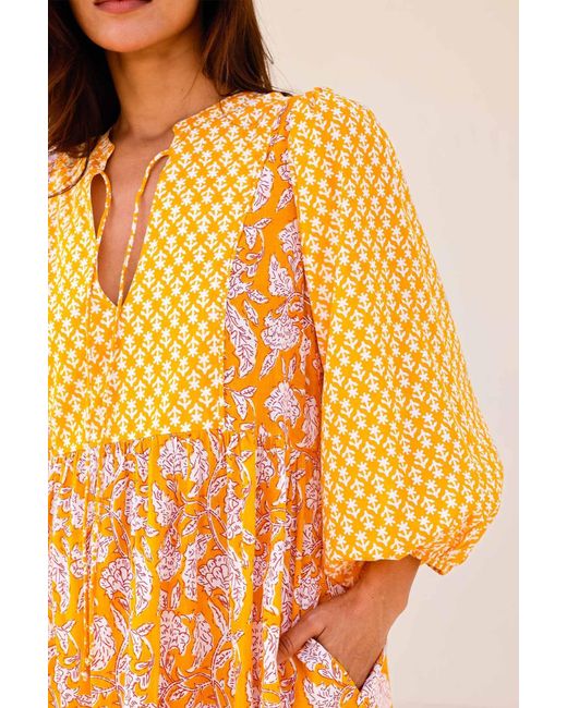 Aspiga Yellow Ladies Sustainable Martha Organic Cotton Mix Print Summer Dress Dianthus Print