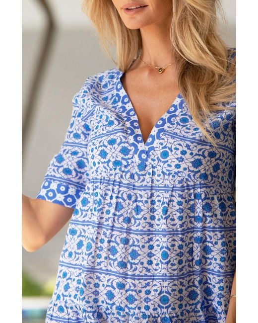 Aspiga Blue Sustainable Santorini Cotton Dress Summer Holiday Printed Beach Cover Up