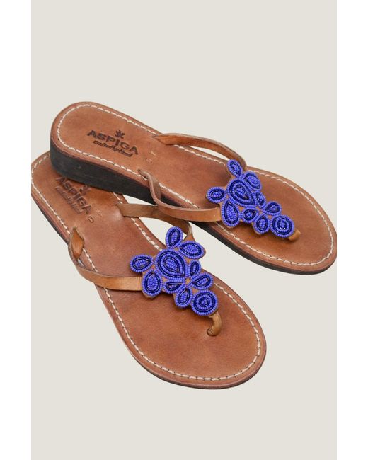 Aspiga Blue Ladies Sustainable Mia Kenyan Beaded Sandals Leather And Glass Beads Floral Cobalt