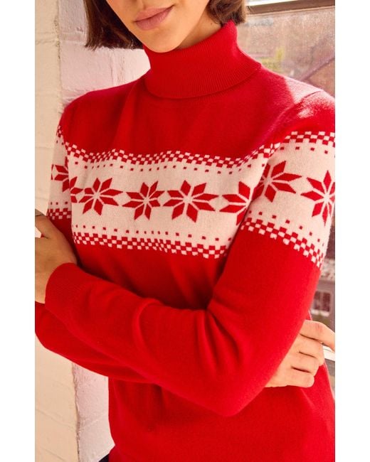 Aspiga Red Merino Wool Snowflake Fairisle Polo Neck Jumper
