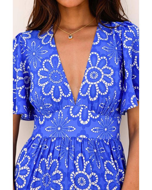 Aspiga Blue Sustainable Sylvie Ecovero Viscose Summer Holiday Wedding Guest Evening Dress Floral Printed