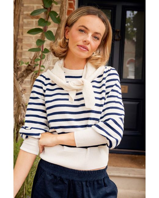 Aspiga Black Ladies Sustainable Crew Neck Jumper Merino Wool Striped Cream