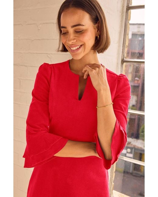 Aspiga Red Ladies Sustainable Jocelyn V-Neck 3/4 Sleeve Corduroy Organic Cotton Dress