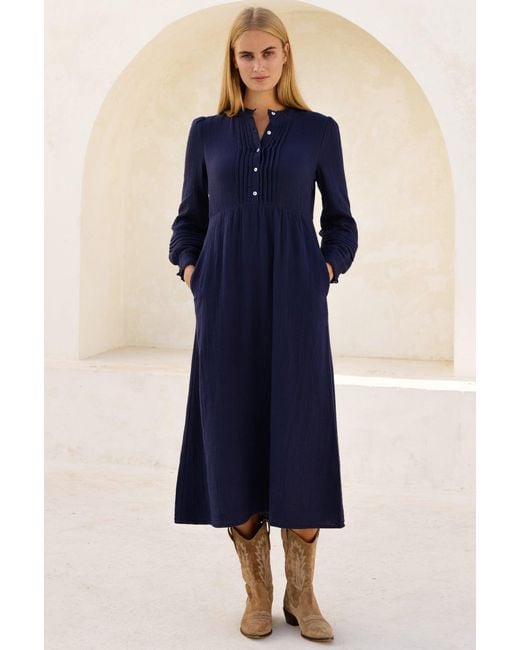 Aspiga Blue Pin Tuck Organic Cotton Cheesecloth Shirt Dress