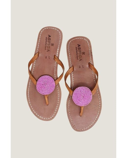 Aspiga Pink Ladies Sustainable Beaded Handmade Sandals Leather And Glass Summer Holiday