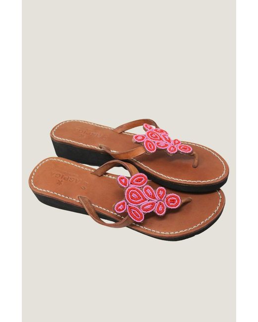 Aspiga Red Ladies Sustainable Mia Kenyan Beaded Sandals Leather And Glass Beaded Floral