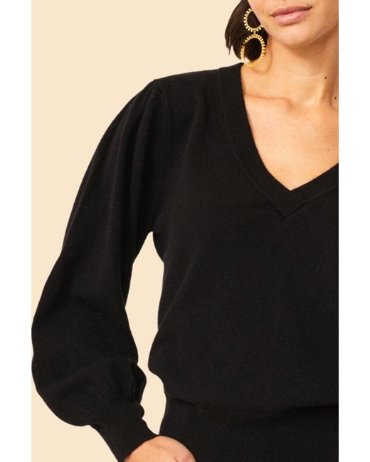 Aspiga Black Ladies Sustainable Merino Cashmere Blend V-Neck Jumper Balloon Sleeve