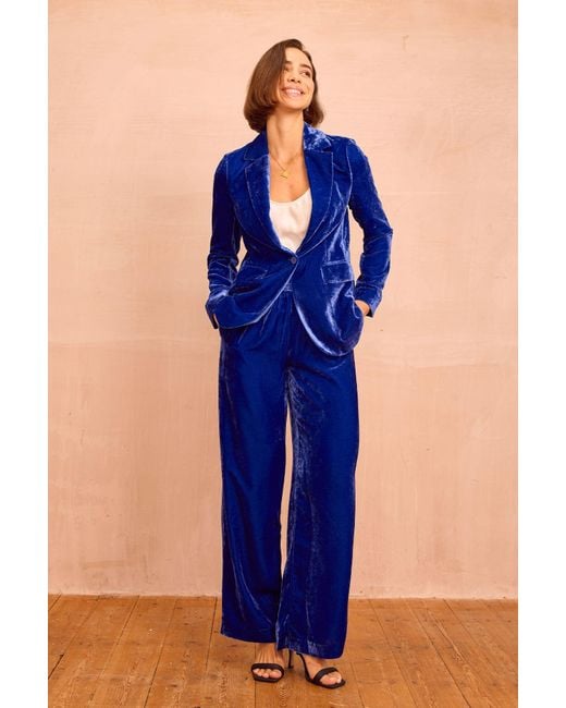 Aspiga Blue Sustainable Velvet Side Stripe Viscose Trousers Autumn Winter Graduation