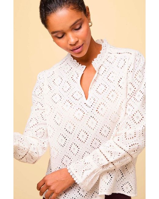 Aspiga White Ladies Sustainable Flo Long Sleeve Blouse Cotton Cut Out Detail