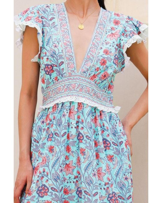 Aspiga Blue Ladies Sustainable Pippa Block Print Organic Cotton Summer Holiday Wedding Guest Evening Dress Floral Printed