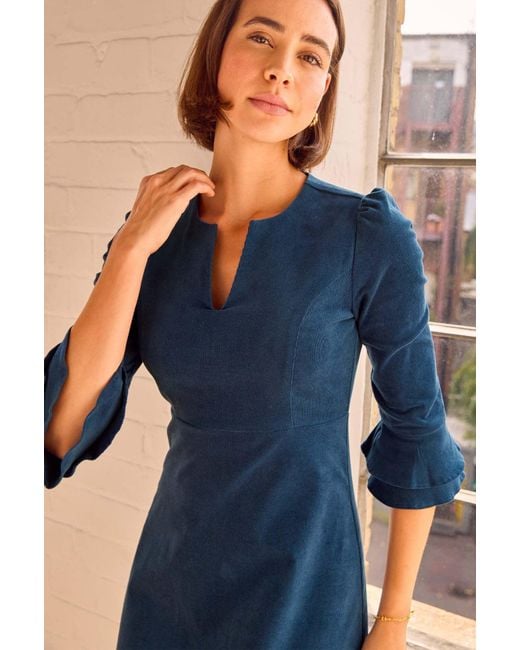 Aspiga Blue Ladies Sustainable Jocelyn V-Neck 3/4 Sleeve Corduroy Organic Cotton Dress