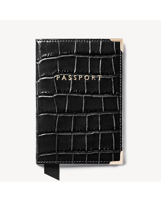 Aspinal of London Vegan Leather Crocodile Print Passport Cover in Black