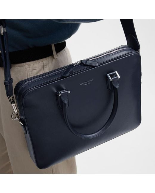 Aspinal Blue Slim Leather Briefcase