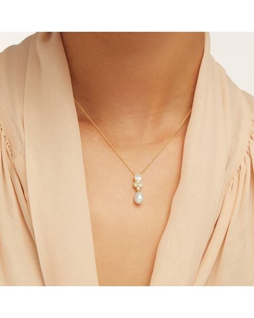 Aspinal Metallic Floral Necklace With Sapphire, Diamond & Pearl
