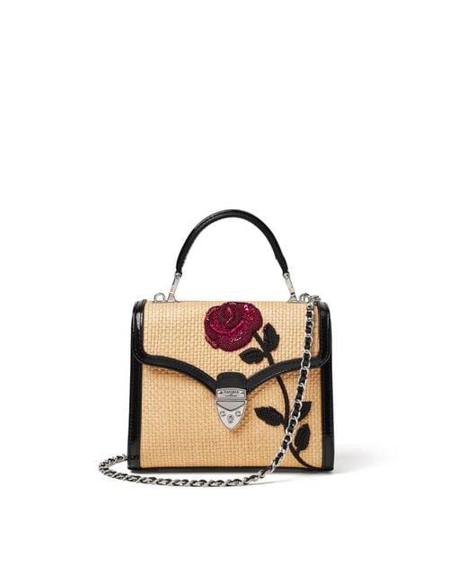 Aspinal Black Midi Mayfair Rose Hand Embroidery On Natural Raffia