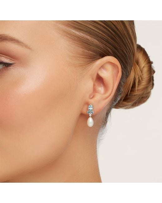 Aspinal Metallic Floral Earrings With Aquamarine, Diamond & Pearl