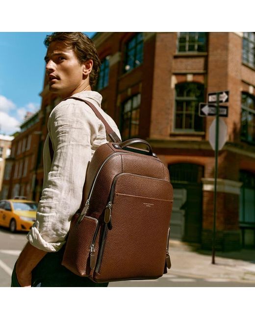 Aspinal Brown Zipped Leather Backpack for men