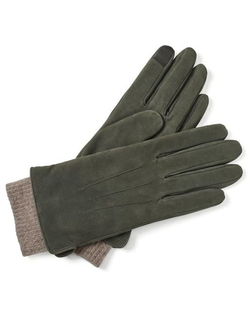Aspinal Green Knitted Cuff Nubuck Gloves