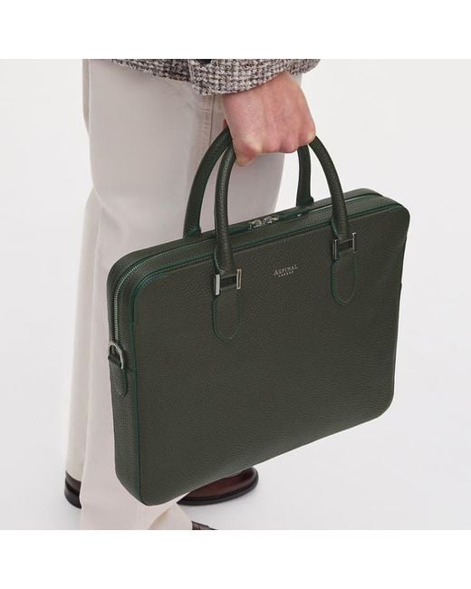 Aspinal Green Slim Leather Briefcase Bag