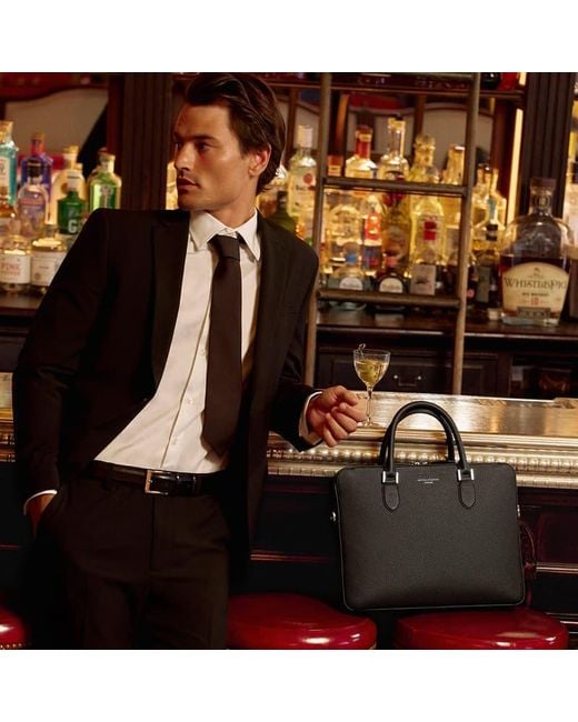 Aspinal Black Slim Leather Briefcase Bag