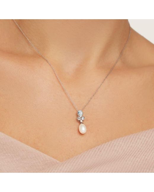 Aspinal Metallic Floral Necklace With Aquamarine, Diamond & Pearl